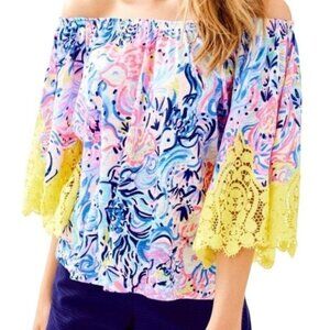 Lilly Pulitzer Zaylee Top S Off Shoulder Multicolor Yellow Lace Detail